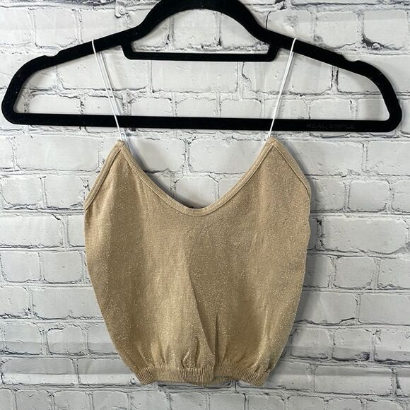 👚 Free People Skinny Strap Seamless Brami Crop Top - Gold Sparkly - Size XS/S - Picture 1 of 3